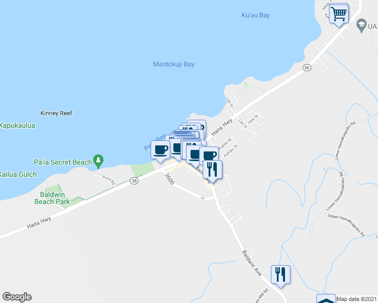 map of restaurants, bars, coffee shops, grocery stores, and more near 137 Hana Highway in Paia