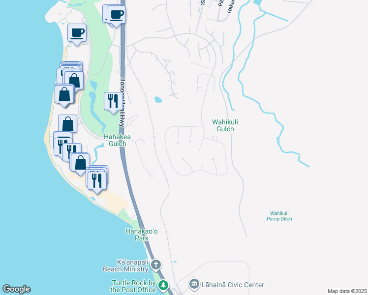 map of restaurants, bars, coffee shops, grocery stores, and more near 85 Lolii Place in Lahaina
