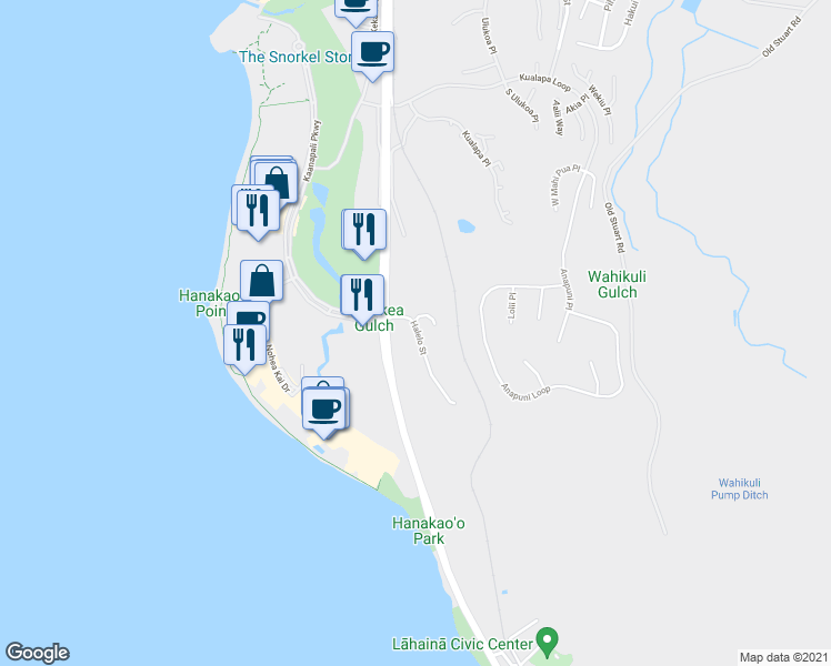 map of restaurants, bars, coffee shops, grocery stores, and more near 62 Halelo Street in Lahaina