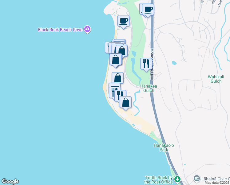 map of restaurants, bars, coffee shops, grocery stores, and more near 100 Nohea Kai Drive in Lahaina