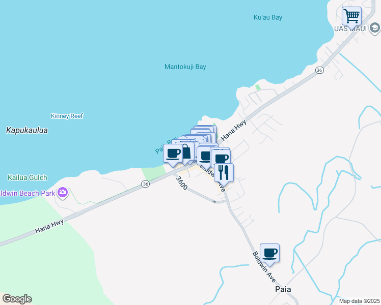 map of restaurants, bars, coffee shops, grocery stores, and more near 34 Nalu Place in Paia