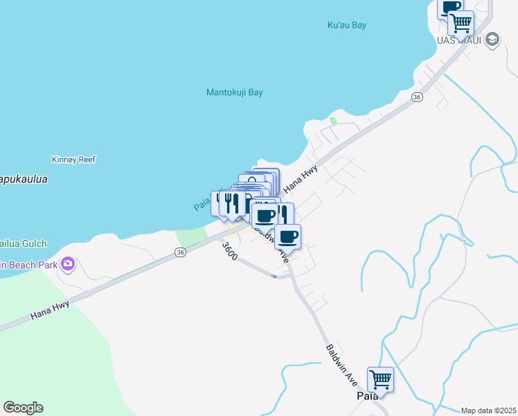 map of restaurants, bars, coffee shops, grocery stores, and more near 149 Hana Highway in Paia