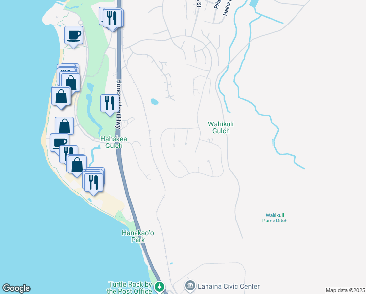 map of restaurants, bars, coffee shops, grocery stores, and more near 106 Kaulele Place in Lahaina