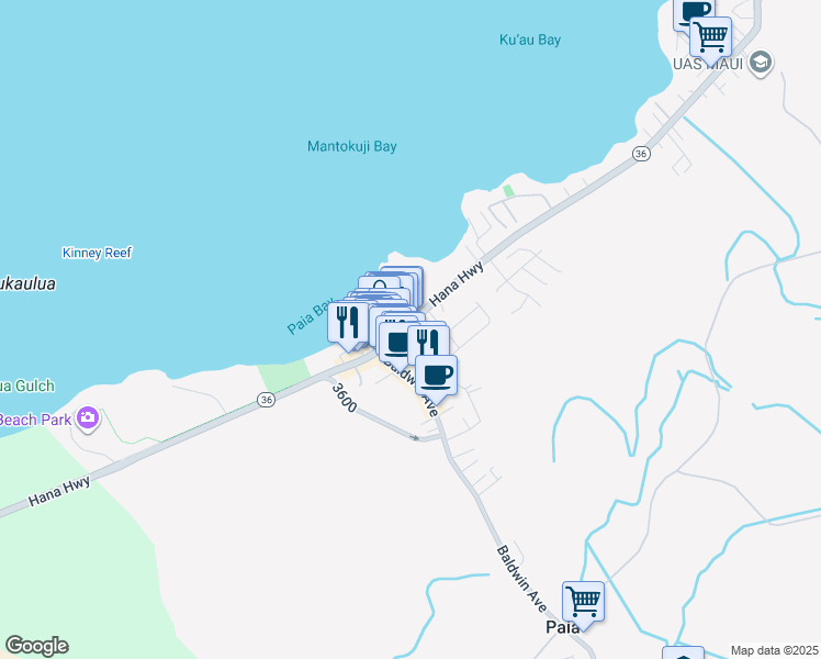 map of restaurants, bars, coffee shops, grocery stores, and more near 168 Hana Highway in Paia