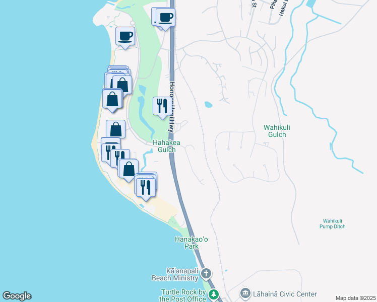map of restaurants, bars, coffee shops, grocery stores, and more near 57 Halelo Street in Lahaina