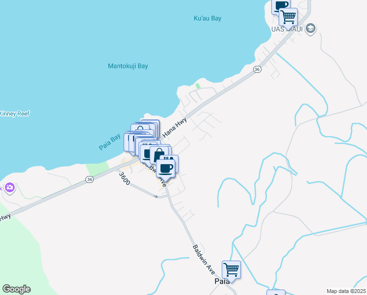 map of restaurants, bars, coffee shops, grocery stores, and more near 233 Kahiko Street in Paia