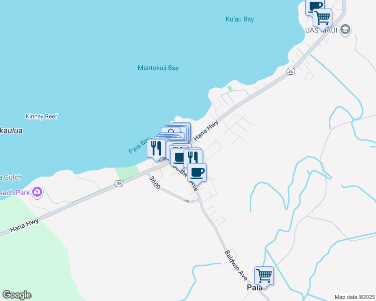 map of restaurants, bars, coffee shops, grocery stores, and more near 14 Hoku Place in Paia