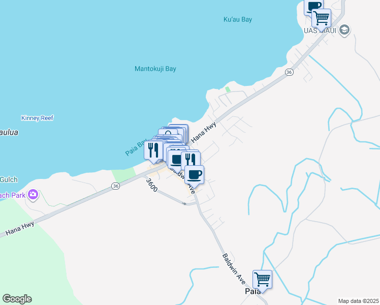 map of restaurants, bars, coffee shops, grocery stores, and more near 19 Hoku Place in Paia