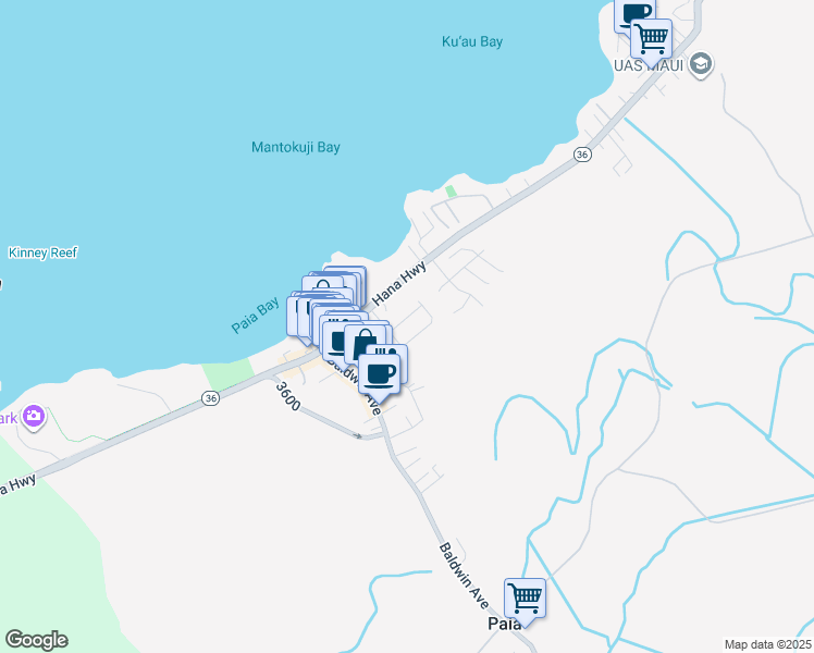 map of restaurants, bars, coffee shops, grocery stores, and more near 222 Kupaa Street in Paia