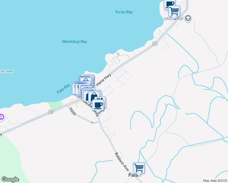 map of restaurants, bars, coffee shops, grocery stores, and more near 250 Kahiko Street in Paia
