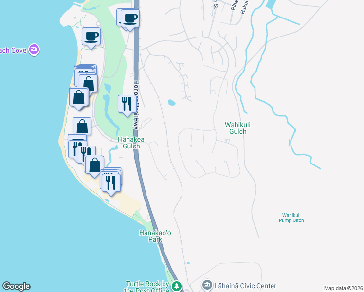 map of restaurants, bars, coffee shops, grocery stores, and more near 207 Anapuni Loop in Lahaina