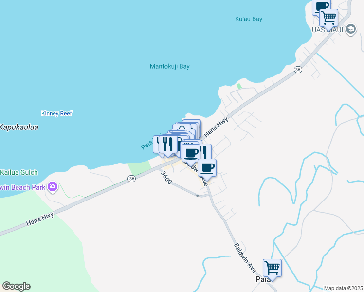 map of restaurants, bars, coffee shops, grocery stores, and more near 137 Hana Highway in Paia