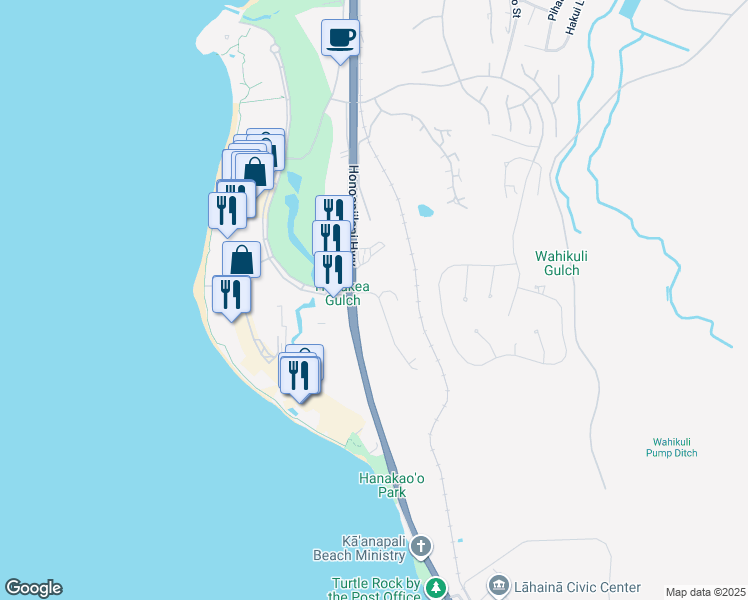 map of restaurants, bars, coffee shops, grocery stores, and more near 40 Halelo Street in Lahaina