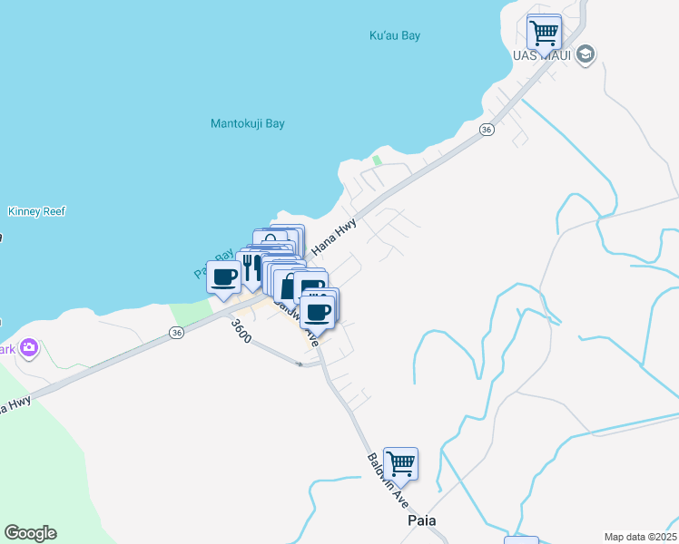 map of restaurants, bars, coffee shops, grocery stores, and more near 222 Kupaa Street in Paia