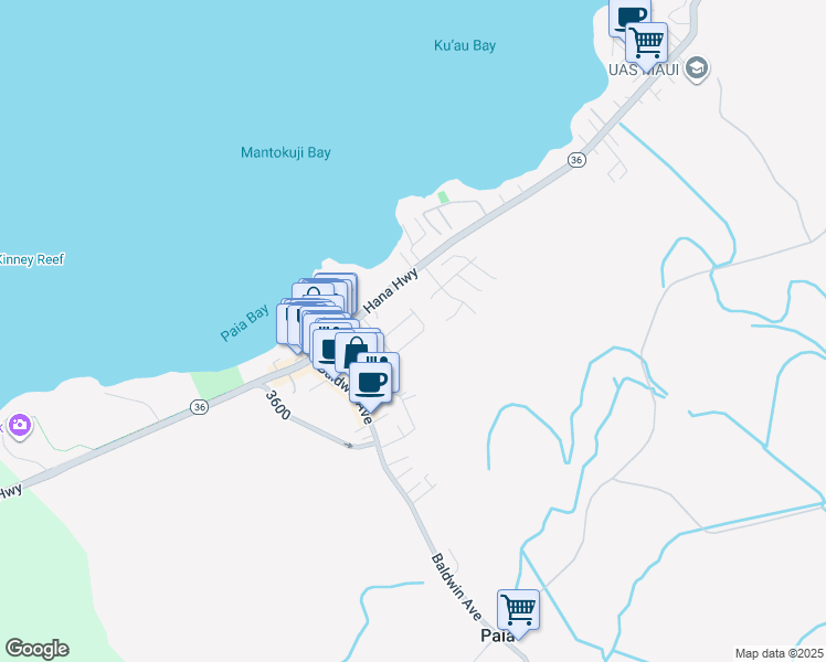 map of restaurants, bars, coffee shops, grocery stores, and more near 239 Kahiko Street in Paia