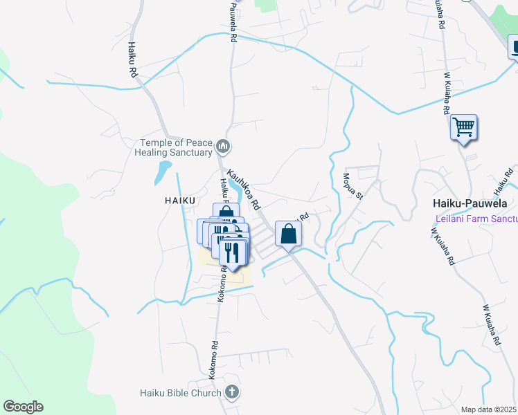 map of restaurants, bars, coffee shops, grocery stores, and more near 705 Kauhikoa Road in Haiku-Pauwela