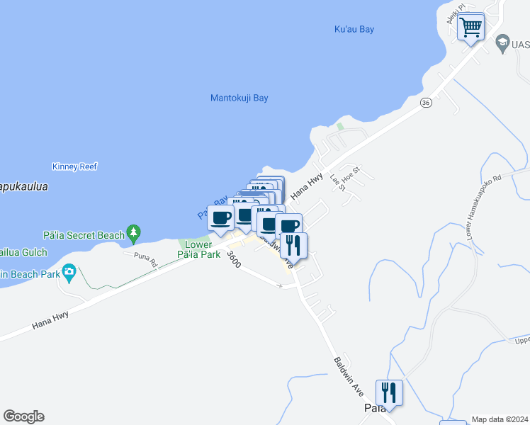 map of restaurants, bars, coffee shops, grocery stores, and more near 15 Homelani Place in Paia