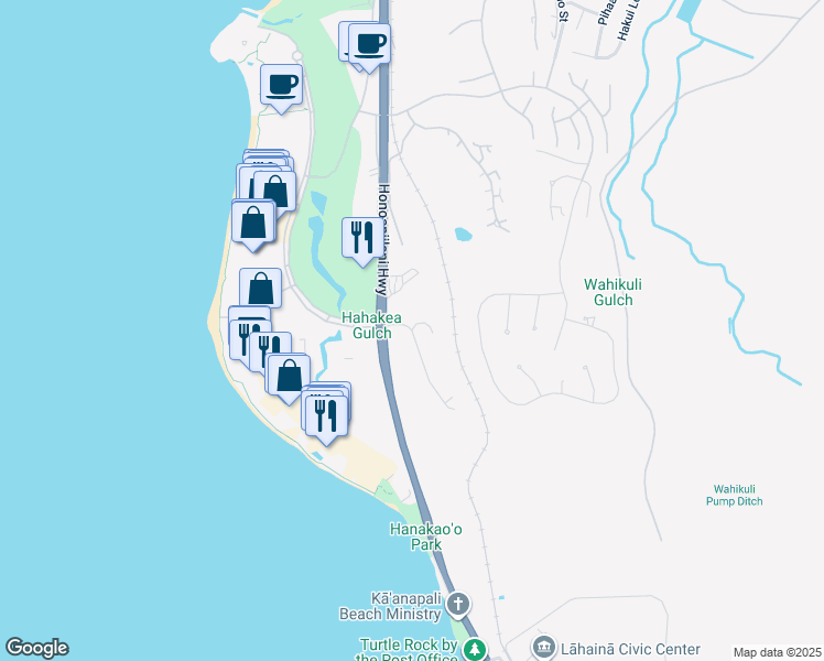 map of restaurants, bars, coffee shops, grocery stores, and more near 0 Holomakani Place in Lahaina