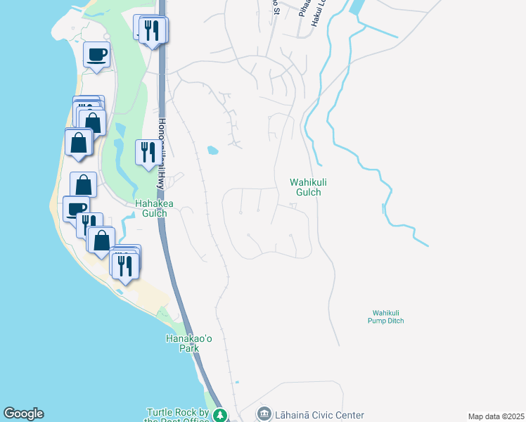 map of restaurants, bars, coffee shops, grocery stores, and more near 87 Kaulele Place in Lahaina