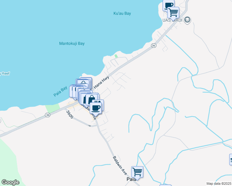 map of restaurants, bars, coffee shops, grocery stores, and more near 40 Kaiea Place in Paia