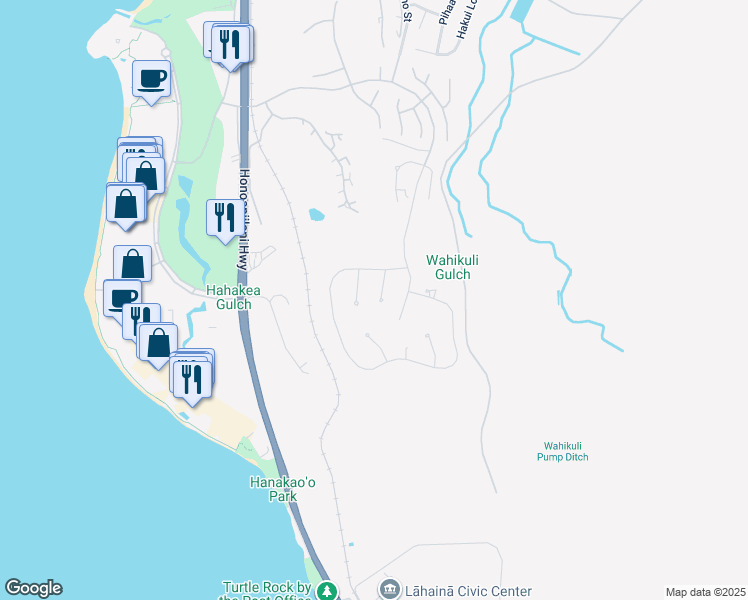 map of restaurants, bars, coffee shops, grocery stores, and more near 86 Kaulele Place in Lahaina