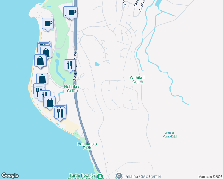 map of restaurants, bars, coffee shops, grocery stores, and more near 65 Lolii Place in Lahaina