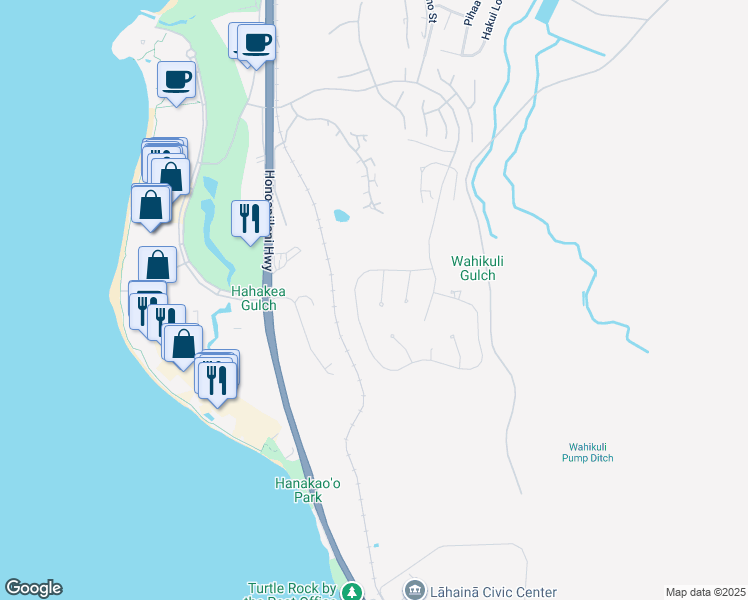 map of restaurants, bars, coffee shops, grocery stores, and more near 64 Lolii Place in Lahaina