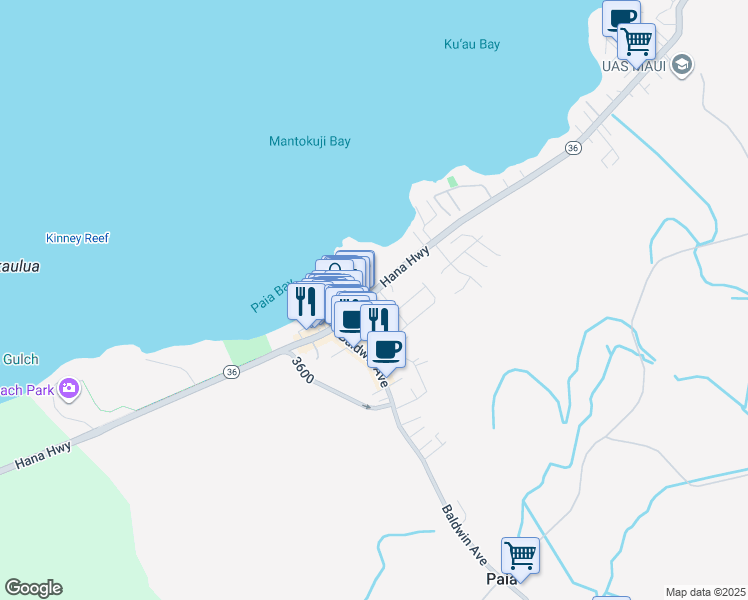 map of restaurants, bars, coffee shops, grocery stores, and more near 15 Hoku Place in Paia