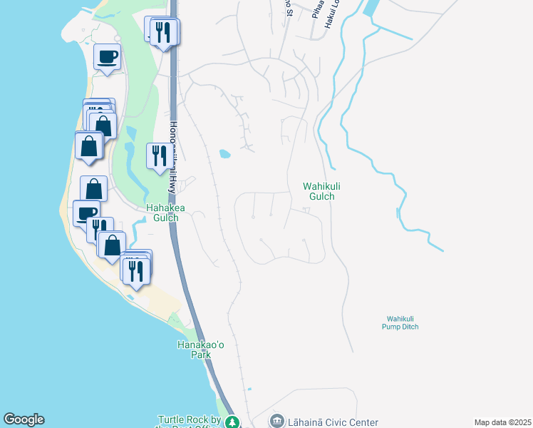 map of restaurants, bars, coffee shops, grocery stores, and more near 86 Kaulele Place in Lahaina