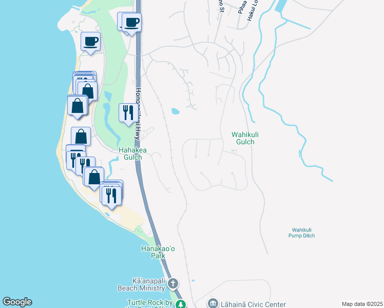 map of restaurants, bars, coffee shops, grocery stores, and more near 64 Lolii Place in Lahaina