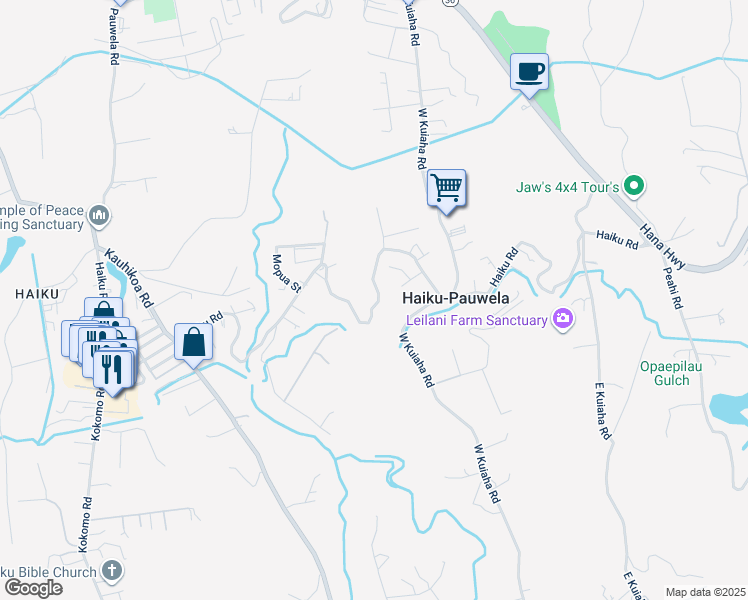 map of restaurants, bars, coffee shops, grocery stores, and more near 1565 Haiku Road in Haiku-Pauwela