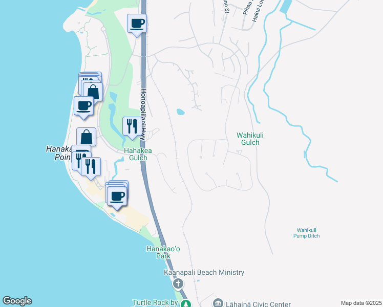 map of restaurants, bars, coffee shops, grocery stores, and more near 187 Anapuni Loop in Lahaina