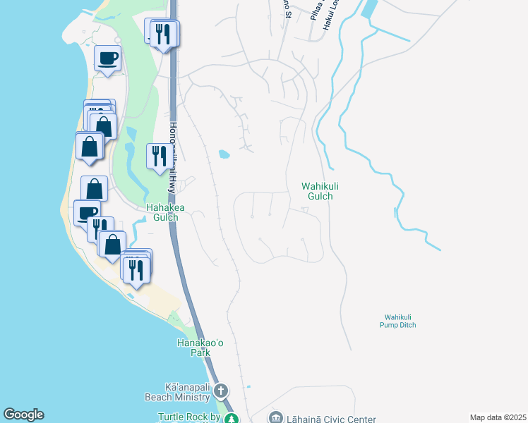 map of restaurants, bars, coffee shops, grocery stores, and more near 66 Kaulele Place in Lahaina