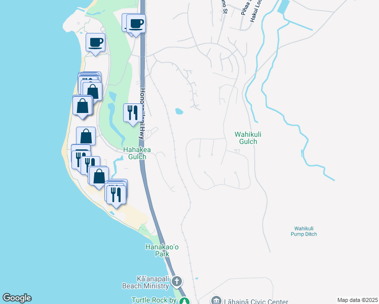 map of restaurants, bars, coffee shops, grocery stores, and more near 187 Anapuni Loop in Lahaina