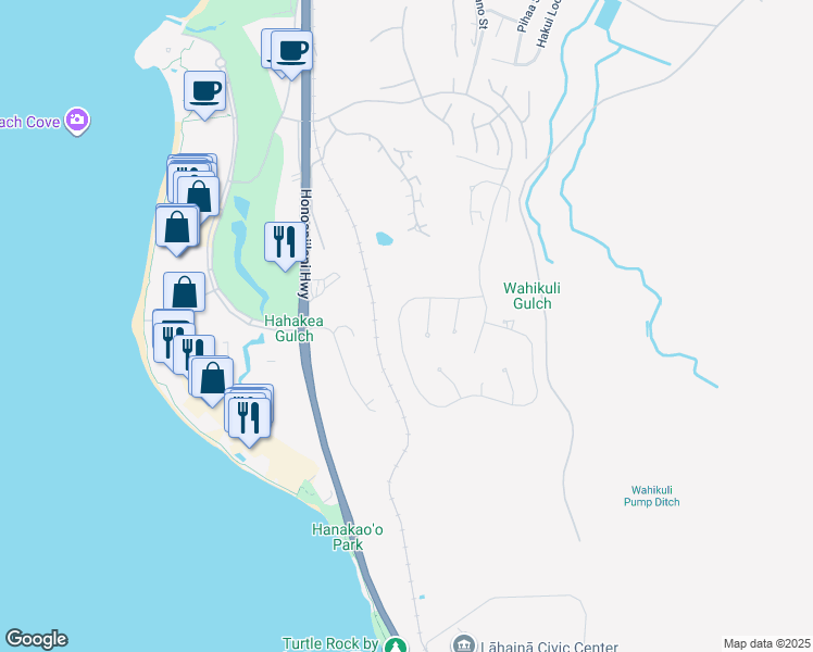 map of restaurants, bars, coffee shops, grocery stores, and more near 187 Anapuni Loop in Lahaina