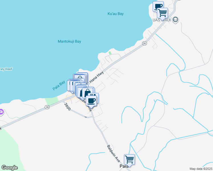 map of restaurants, bars, coffee shops, grocery stores, and more near 258 Kahiko Street in Paia