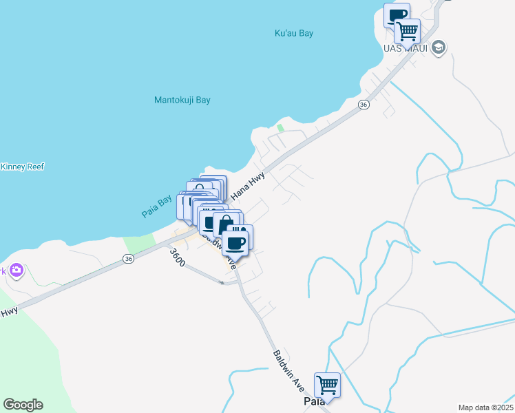 map of restaurants, bars, coffee shops, grocery stores, and more near 240 Kupaa Street in Paia