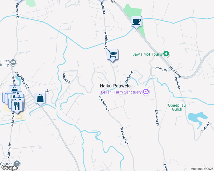 map of restaurants, bars, coffee shops, grocery stores, and more near 1730 Haiku Road in Haiku-Pauwela