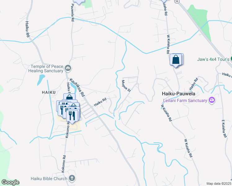 map of restaurants, bars, coffee shops, grocery stores, and more near 765 Aoku Place in Haiku-Pauwela