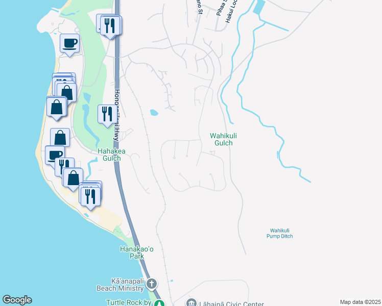map of restaurants, bars, coffee shops, grocery stores, and more near 67 Kaulele Place in Lahaina