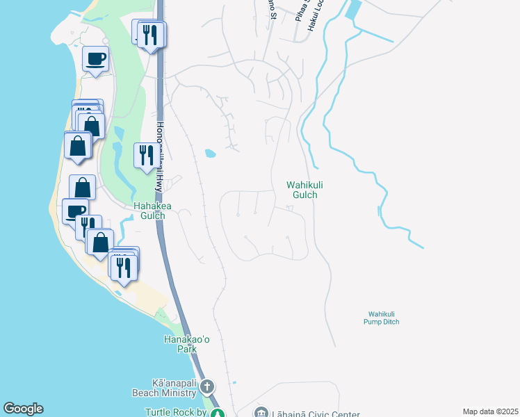 map of restaurants, bars, coffee shops, grocery stores, and more near 67 Kaulele Place in Lahaina