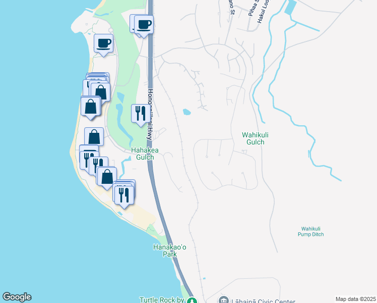 map of restaurants, bars, coffee shops, grocery stores, and more near 184 Anapuni Loop in Lahaina