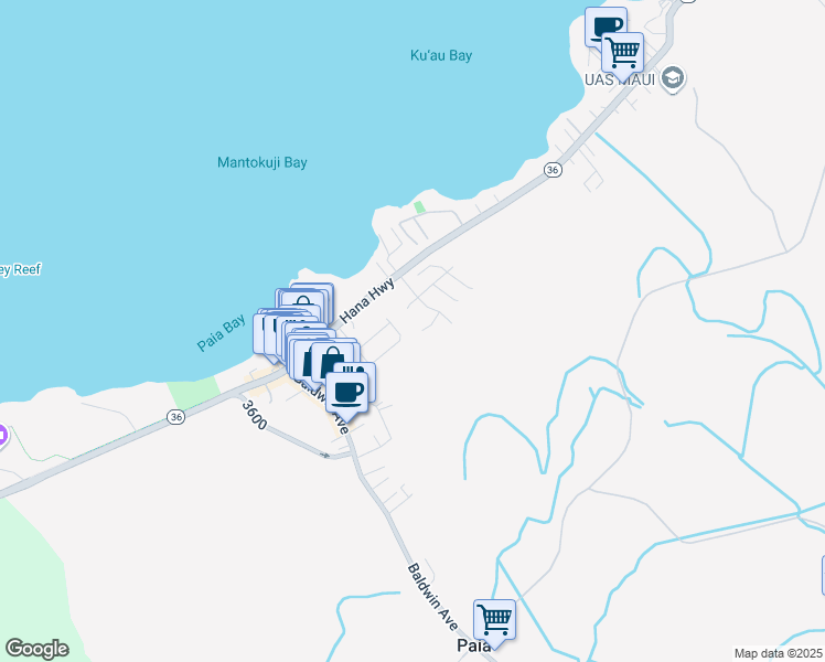 map of restaurants, bars, coffee shops, grocery stores, and more near 38 Kaiea Place in Paia