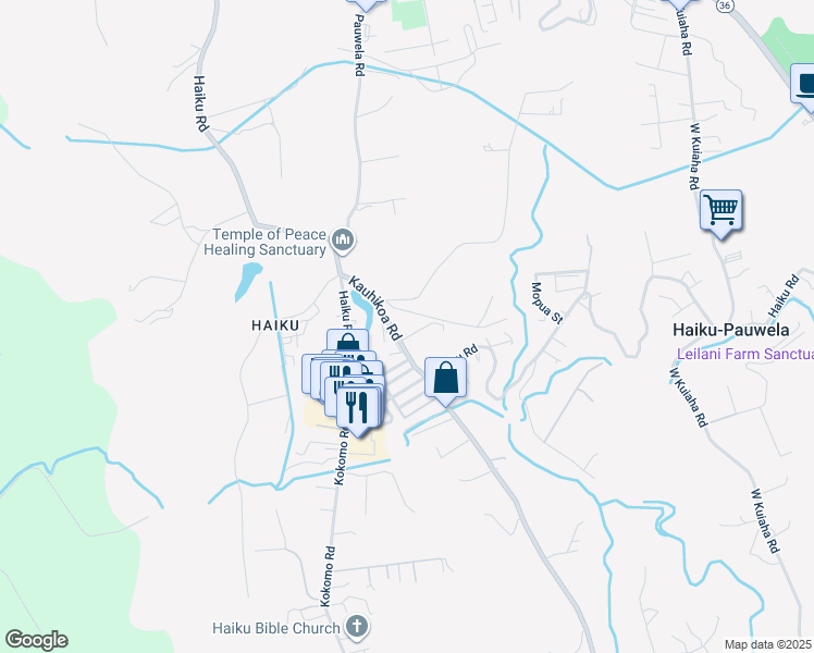 map of restaurants, bars, coffee shops, grocery stores, and more near 705 Kauhikoa Road in Haiku-Pauwela