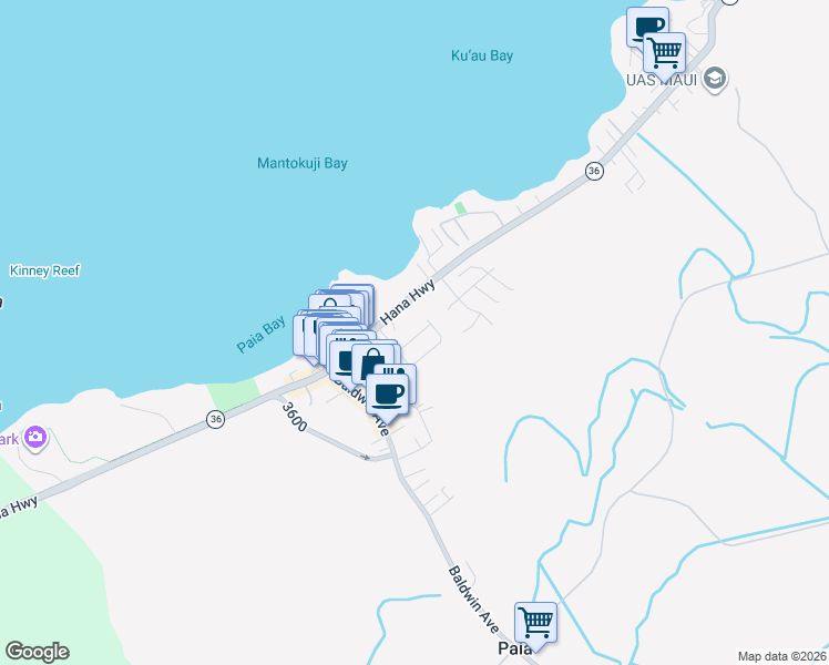 map of restaurants, bars, coffee shops, grocery stores, and more near 231 Kupaa Street in Paia