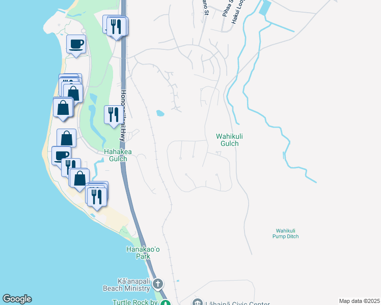map of restaurants, bars, coffee shops, grocery stores, and more near 66 Kaulele Place in Lahaina