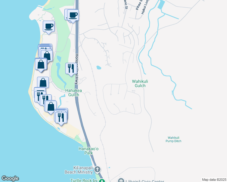 map of restaurants, bars, coffee shops, grocery stores, and more near 45 Lolii Place in Lahaina