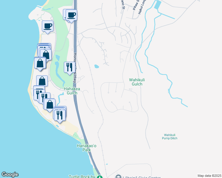 map of restaurants, bars, coffee shops, grocery stores, and more near 45 Lolii Place in Lahaina