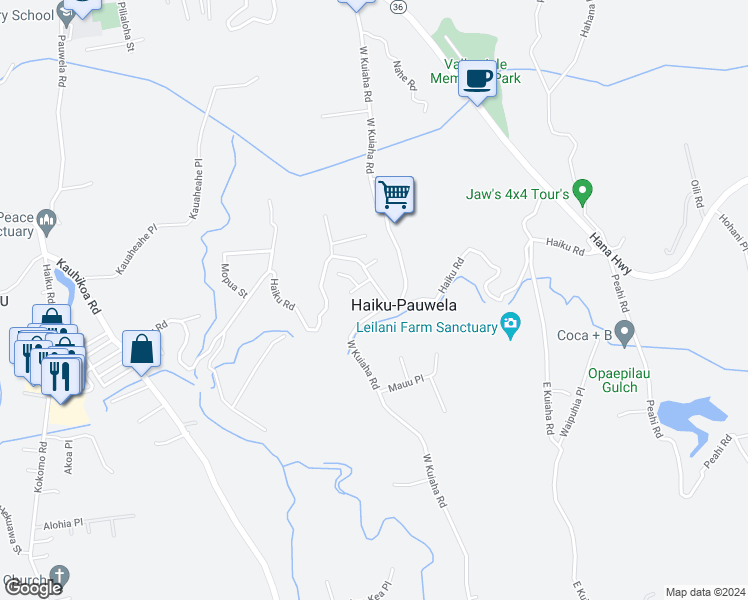 map of restaurants, bars, coffee shops, grocery stores, and more near 1722 Haiku Road in Haiku-Pauwela