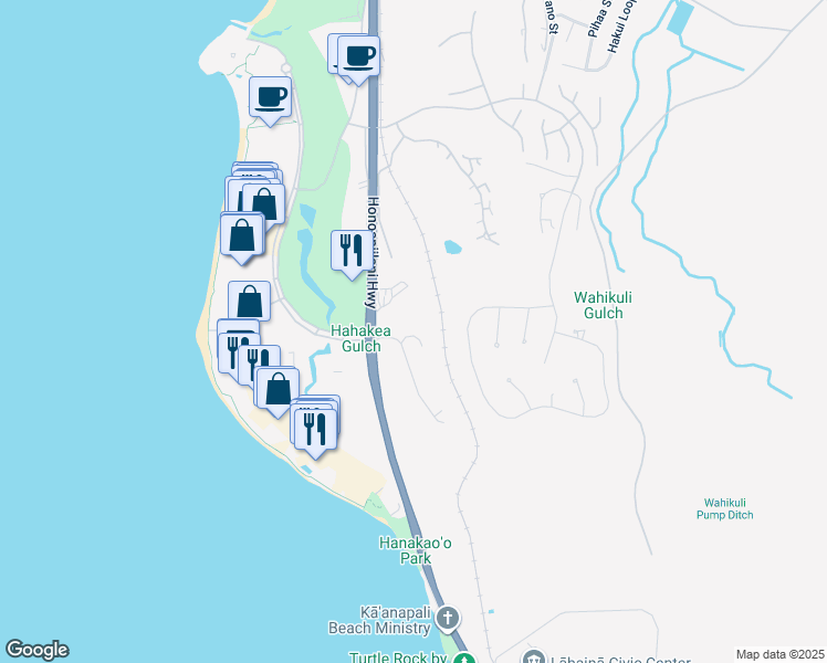 map of restaurants, bars, coffee shops, grocery stores, and more near 19 Holomakani Place in Lahaina